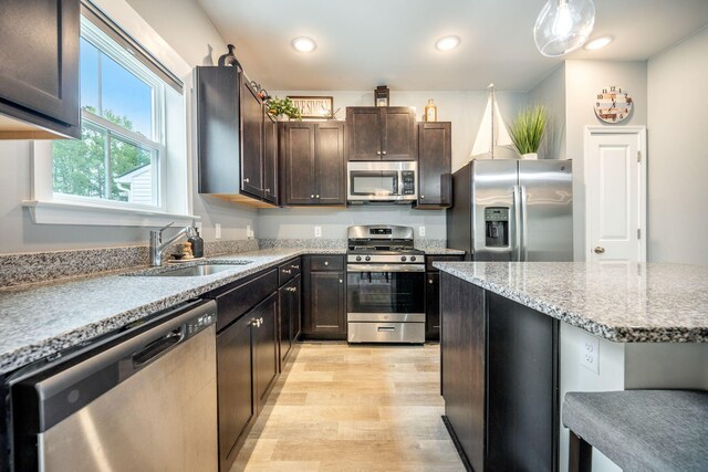 141 Pine Crest View Dr, Summerville, SC 29486 - kitchen featuring stainless steel appliances, light wood-style floors, light stone countertops, a sink, and dark brown cabinetry