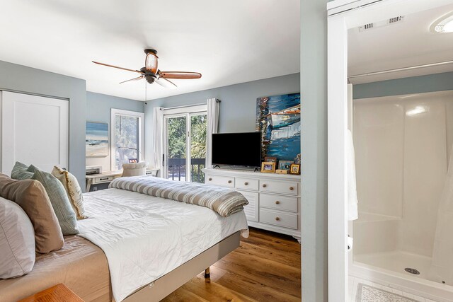 bedroom with ceiling fan, light hardwood / wood-style flooring, and access to exterior