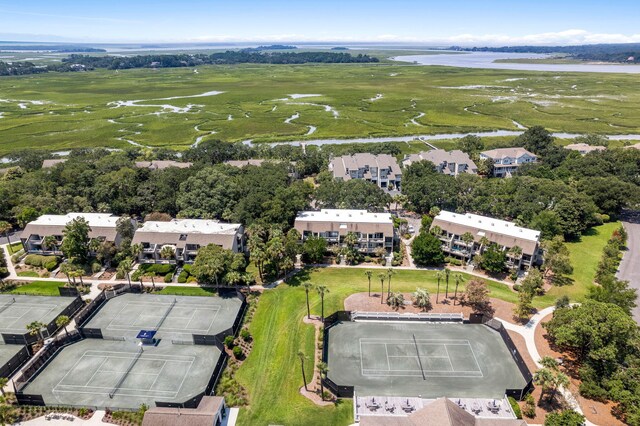 aerial view featuring a water view