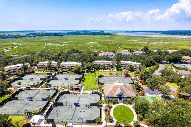 drone / aerial view with a water view