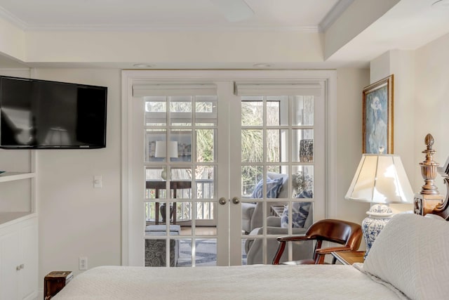 bedroom with french doors and ornamental molding