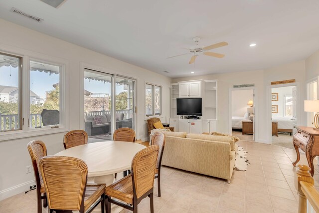 dining space with recessed lighting, visible vents, baseboards, and ceiling fan