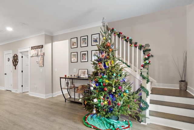 entryway with hardwood / wood-style flooring and ornamental molding