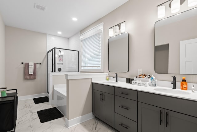 bathroom featuring vanity and plus walk in shower