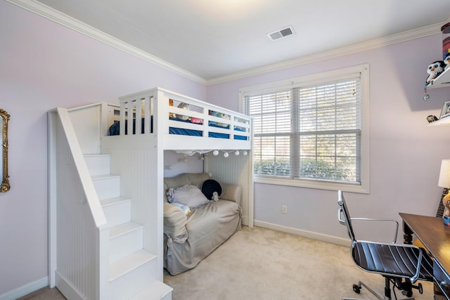 bedroom featuring ornamental molding, baseboards, visible vents, and carpet flooring