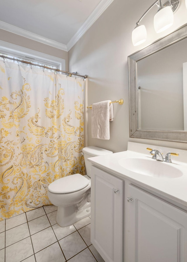 bathroom with curtained shower, toilet, vanity, tile patterned floors, and crown molding