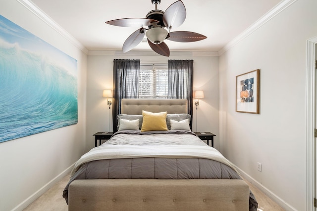 bedroom with ceiling fan, carpet floors, ornamental molding, and baseboards