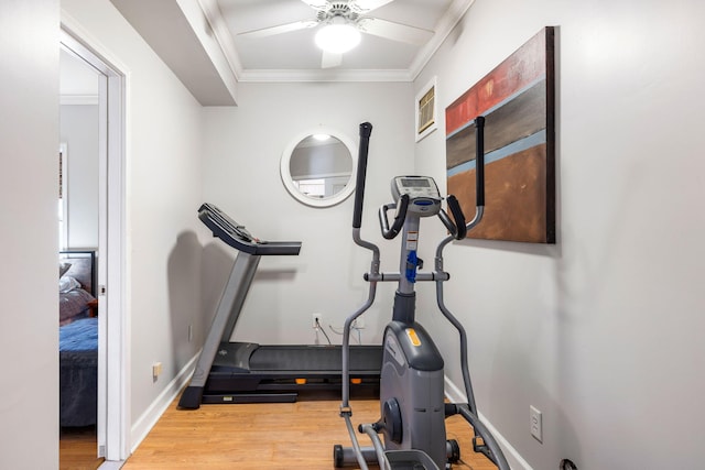 exercise area featuring baseboards, crown molding, a ceiling fan, and wood finished floors