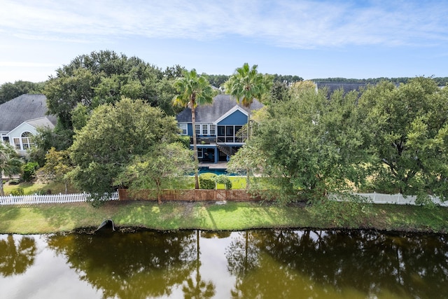 birds eye view of property featuring a water view