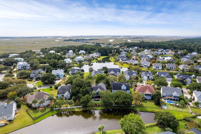 aerial view with a residential view and a water view