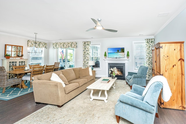 2234 Mother Of Pearl Dr, Mount Pleasant, SC 29466 - living room featuring wood finished floors, ornamental molding, a ceiling fan, and a fireplace with flush hearth