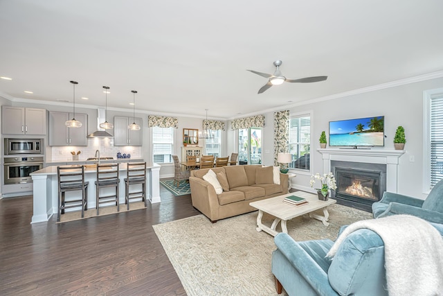 2234 Mother Of Pearl Dr, Mount Pleasant, SC 29466 - living area with dark wood-type flooring, crown molding, plenty of natural light, ceiling fan, and a fireplace with flush hearth