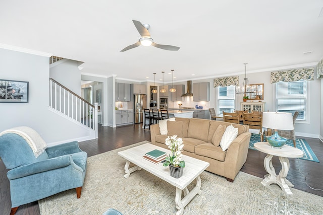 2234 Mother Of Pearl Dr, Mount Pleasant, SC 29466 - living area featuring dark wood finished floors, stairs, baseboards, a chandelier, and ceiling fan