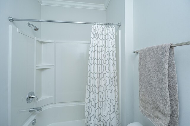 2234 Mother Of Pearl Dr, Mount Pleasant, SC 29466 - bathroom featuring ornamental molding and shower / tub combo with curtain