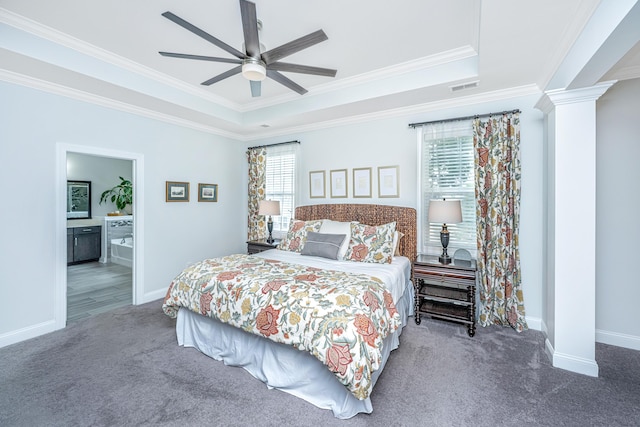 2234 Mother Of Pearl Dr, Mount Pleasant, SC 29466 - carpeted bedroom with ornate columns, ornamental molding, a raised ceiling, baseboards, and a ceiling fan