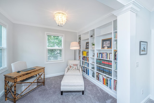 2234 Mother Of Pearl Dr, Mount Pleasant, SC 29466 - sitting room featuring a chandelier, crown molding, carpet floors, built in features, and baseboards