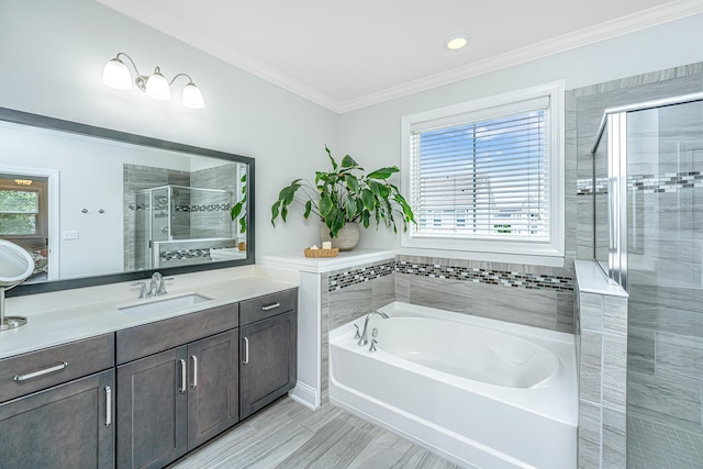 2234 Mother Of Pearl Dr, Mount Pleasant, SC 29466 - full bathroom with vanity, a shower stall, a bath, and crown molding