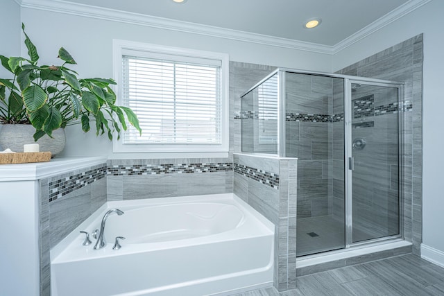 2234 Mother Of Pearl Dr, Mount Pleasant, SC 29466 - bathroom featuring a bath, a stall shower, crown molding, recessed lighting, and baseboards