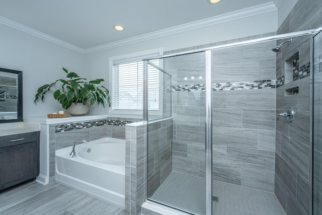 2234 Mother Of Pearl Dr, Mount Pleasant, SC 29466 - full bathroom with a bath, vanity, a stall shower, ornamental molding, and recessed lighting