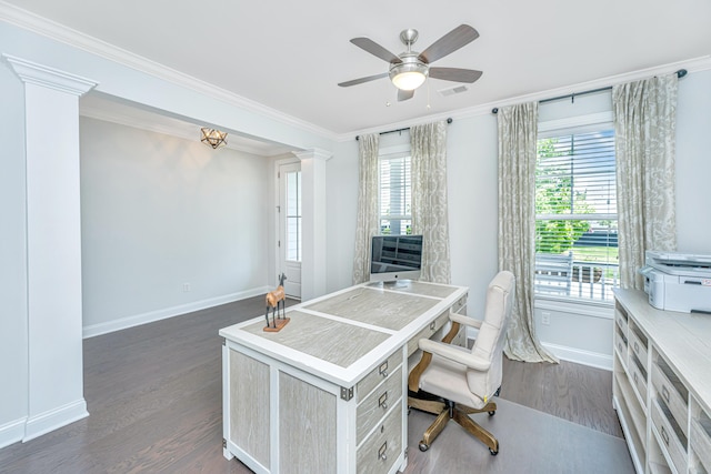 2234 Mother Of Pearl Dr, Mount Pleasant, SC 29466 - office area with dark wood-type flooring, baseboards, ceiling fan, crown molding, and decorative columns