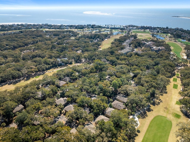 bird's eye view featuring golf course view and a water view