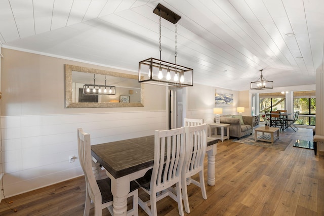 dining room featuring wood-type flooring, an inviting chandelier, wooden ceiling, wainscoting, and vaulted ceiling