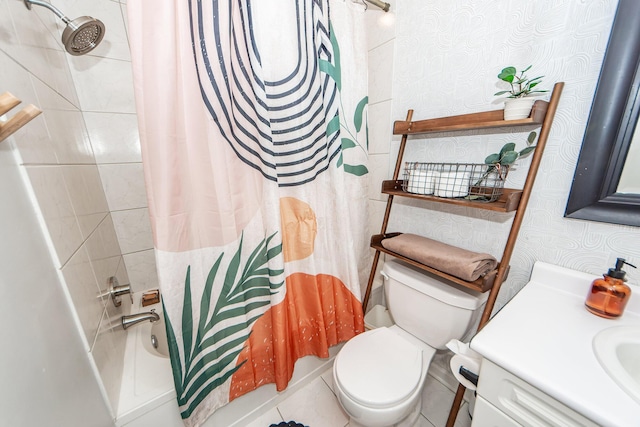 full bathroom featuring shower / bath combination with curtain, vanity, and toilet