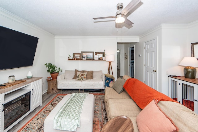 living room with ornamental molding, hardwood / wood-style floors, a textured ceiling, and ceiling fan