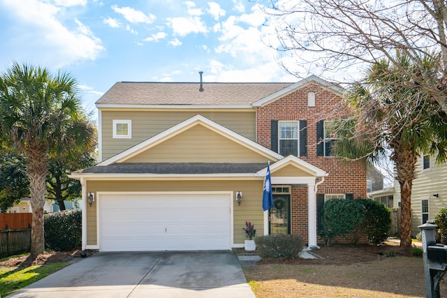 traditional home with roof with shingles, concrete driveway, and brick siding