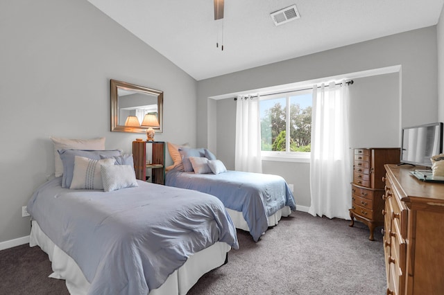 bedroom featuring carpet, visible vents, vaulted ceiling, and baseboards