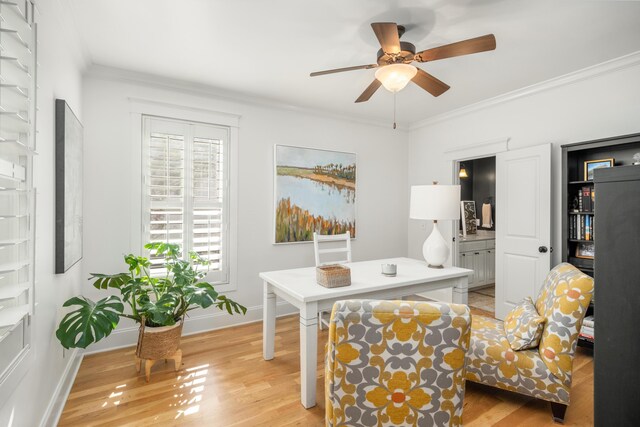 1543 Wando Landing St, Charleston, SC 29492 - office featuring light wood-style floors, crown molding, baseboards, and a ceiling fan