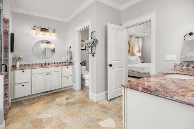 1543 Wando Landing St, Charleston, SC 29492 - bathroom featuring ensuite bathroom, two vanities, crown molding, toilet, and stone finish floors