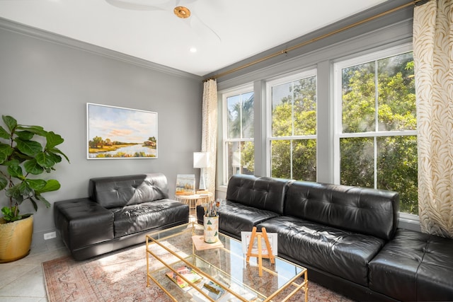 1543 Wando Landing St, Charleston, SC 29492 - living room featuring a ceiling fan, ornamental molding, tile patterned flooring, and baseboards