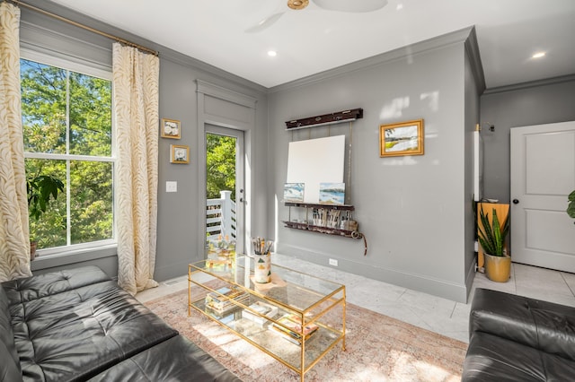 1543 Wando Landing St, Charleston, SC 29492 - tiled living room with crown molding, a ceiling fan, baseboards, and recessed lighting