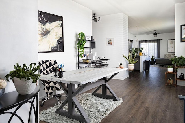 dining space with ceiling fan and dark hardwood / wood-style flooring