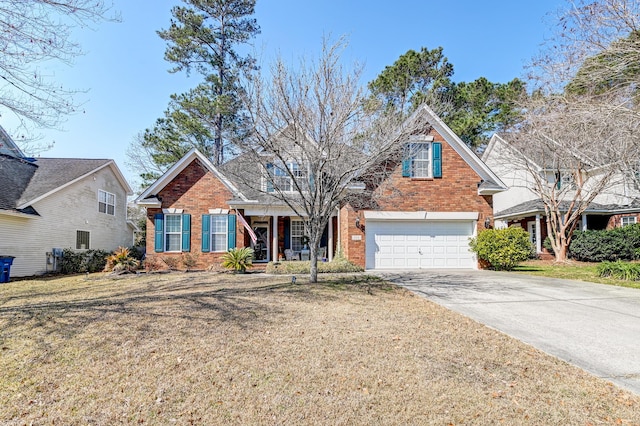 traditional home with concrete driveway, brick siding, and a front yard