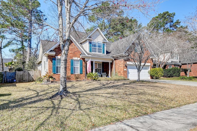 view of front facade featuring a garage, concrete driveway, fence, a front lawn, and brick siding