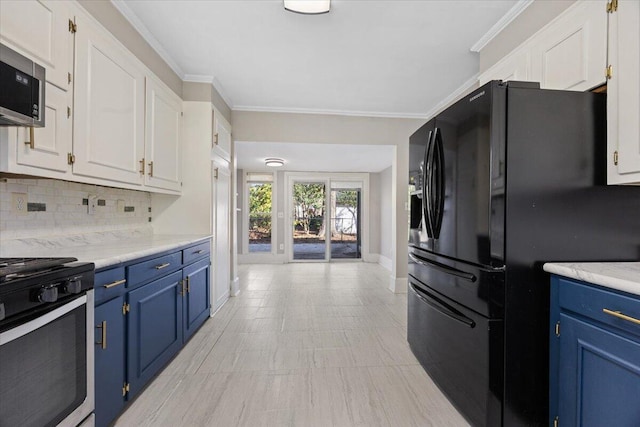 kitchen with white cabinetry, stainless steel appliances, blue cabinets, and crown molding