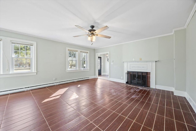 unfurnished living room featuring a baseboard heating unit, crown molding, a brick fireplace, and baseboards