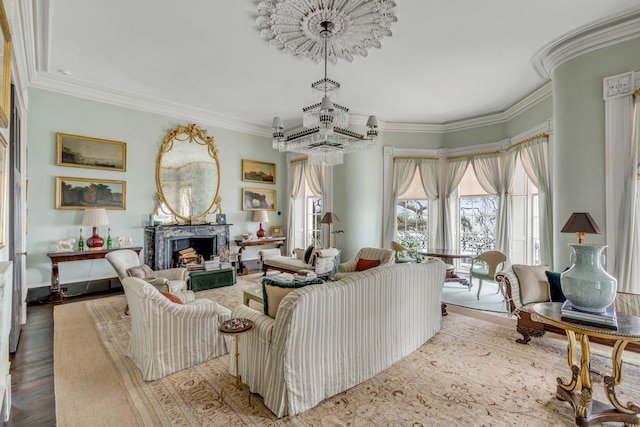 living room with ornamental molding and hardwood / wood-style floors