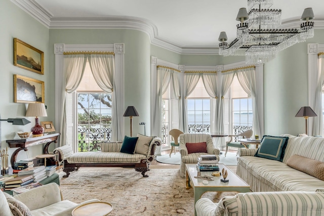 living room featuring crown molding and a wealth of natural light