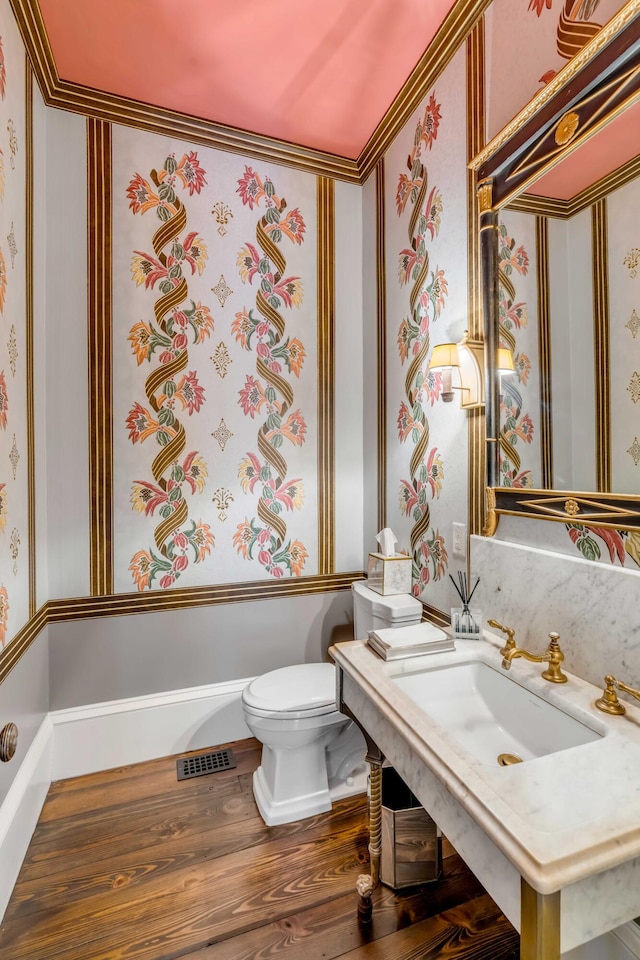 bathroom featuring toilet, sink, and hardwood / wood-style floors