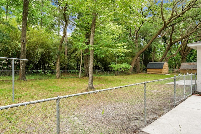 view of yard featuring a storage shed and an outbuilding