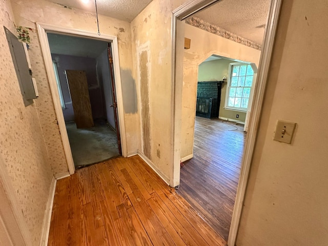 1640 Dogwood Rd, Charleston, SC 29414 - hall with wood finished floors, electric panel, a textured ceiling, baseboards, and arched walkways