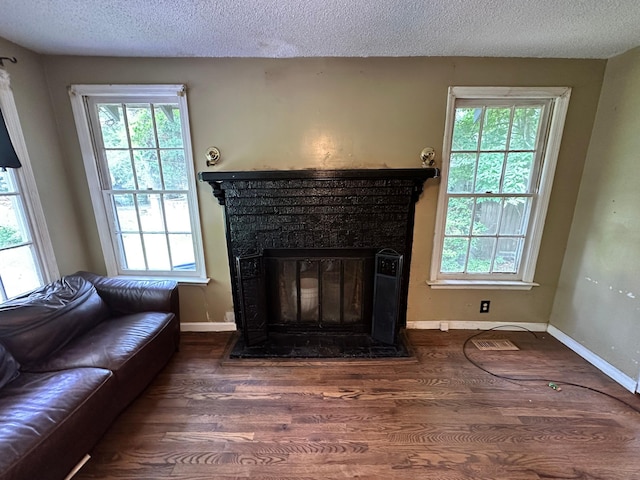 1640 Dogwood Rd, Charleston, SC 29414 - living area featuring wood finished floors, a glass covered fireplace, a textured ceiling, and healthy amount of natural light