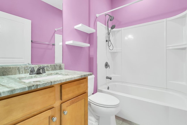 full bathroom with bathtub / shower combination, vanity, toilet, and tile patterned flooring