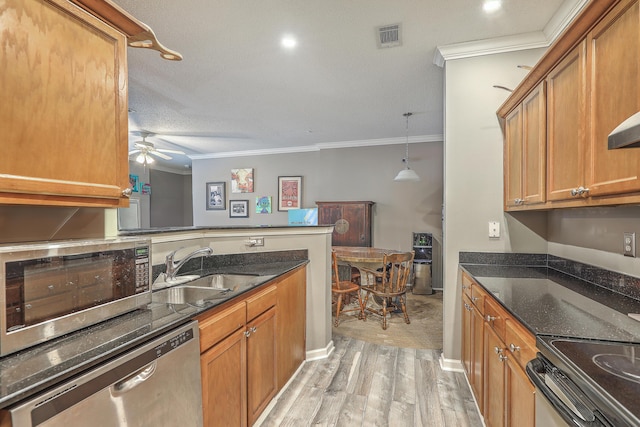 kitchen with sink, hanging light fixtures, stainless steel appliances, light hardwood / wood-style flooring, and crown molding