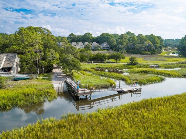 view of community with a water view and a dock