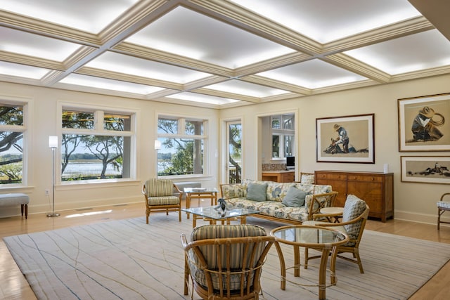 sunroom / solarium featuring beamed ceiling, a wealth of natural light, and coffered ceiling