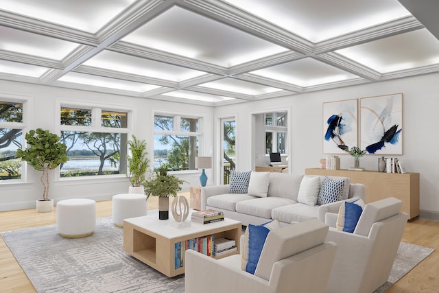 interior space with beam ceiling, plenty of natural light, and coffered ceiling